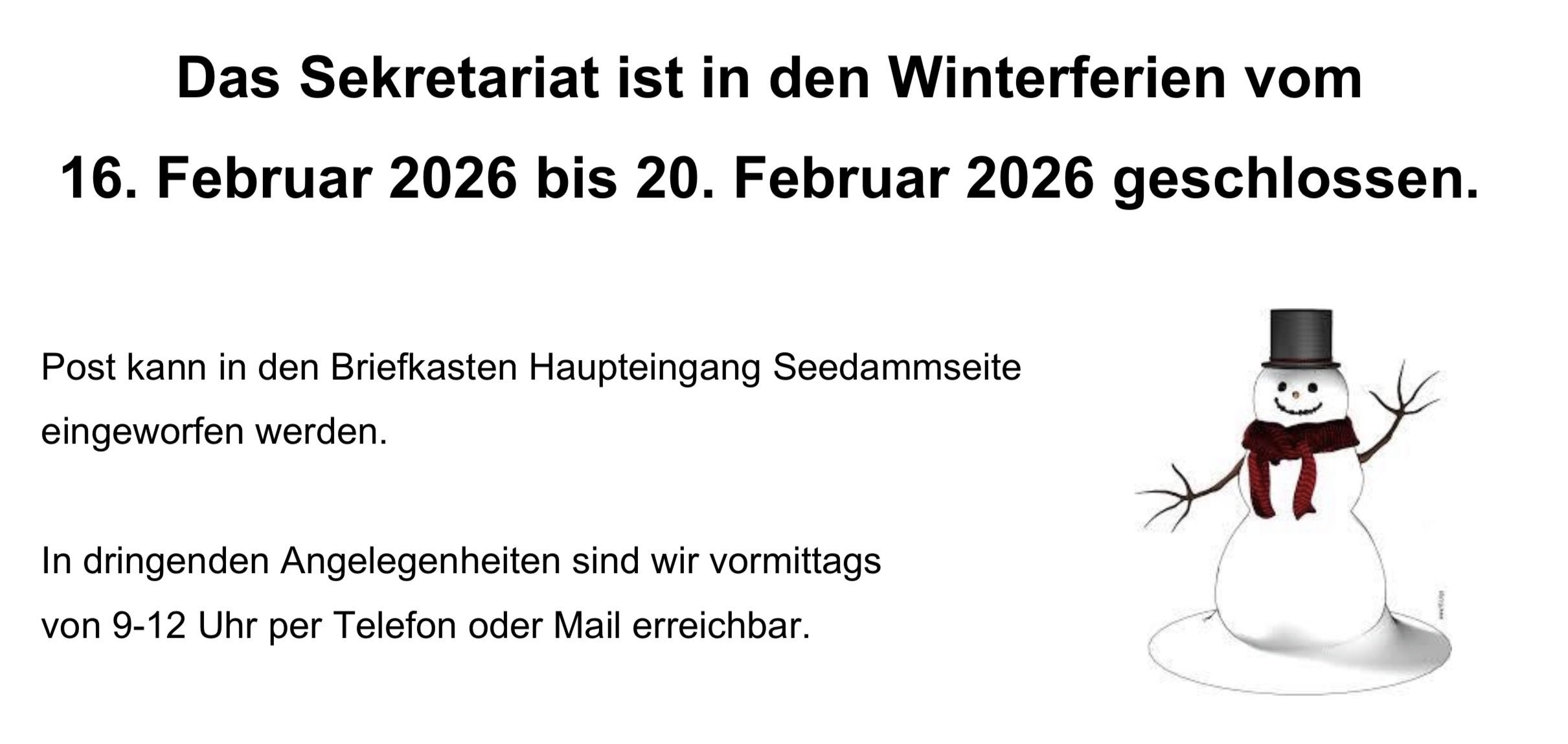 Öffnungszeiten des Sekretariats in den Winterferien 2026