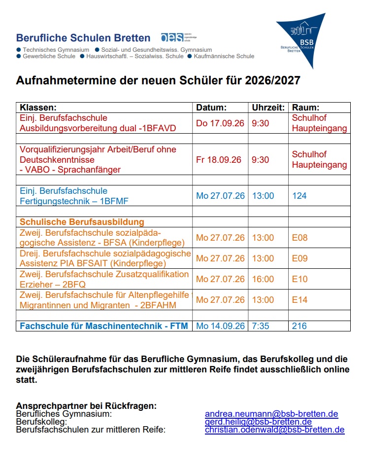 Schüleraufnahmetermine 26-27_Aushang und Homepage